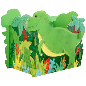Bring prehistoric fun to your store with our Large Dinosaur Gift Box! This vibrant 3D gift box from Partisan Products Ltd. offers a wonderful way to present gifts for any dinosaur enthusiast. It showcases a friendly green T-Rex emerging from a lush jungle scene, complete with palm trees and colourful foliage, creating an engaging display.

The clever slot-together construction adds depth and excitement, making it a memorable gift presentation. Ideal for birthdays, themed parties, or as a charming decorative item. Available in a convenient pack of 4, these sturdy and appealing boxes are ready to capture your customers' imagination.
