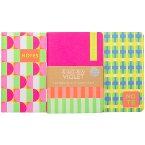 Bring a burst of colour to your customers' desks with our 3 Pop A6 Notebooks! This vibrant set features three distinct designs, each packed with personality. From bold geometric patterns in neon pink, lime green, and bright yellow, to playful stripes, these A6 notebooks are perfect for capturing every 'Bright Idea'.
The central notebook, labelled 'Ultra Violet', and its companions all come with practical ruled pages, ready for daily 'Notes' or creative musings. Their compact size makes them ideal for slipping into a bag or keeping handy on a desk. A truly cheerful and practical addition to any stationery collection!