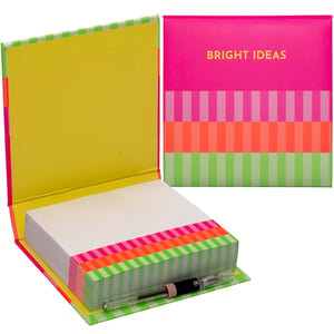 Unleash a wave of creativity with the vibrant Pop Noteblock from Partisan Products Ltd.! This eye-catching stationery essential is designed to inspire 'BRIGHT IDEAS' with its bold hot pink, neon orange, and lime green striped pattern. The sturdy case opens like a book, revealing a generous stack of white paper notes, perfect for capturing thoughts, reminders, or doodles. A convenient pen is cleverly integrated into the base, ensuring you're always ready to jot down inspiration. Sold individually, this Pop Noteblock offers both style and practicality, making it a fantastic addition to any stationery collection. It's an ideal item for retail, sure to delight customers looking for a fun and functional way to stay organised.
