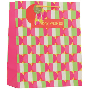Make every birthday gift pop with our Large Pop Birthday Wishes Gift Bag! From Partisan Products Ltd., this vibrant bag is designed to bring a smile to any recipient's face.
Featuring a playful geometric pattern in eye-catching hot pink, lime green, and sunny yellow, it's sure to stand out on any gift table. The "Birthday Wishes" message is perfectly complemented by the cheerful design, making it ideal for all ages. Plus, you can feel good knowing it's eco-friendly and 100% recyclable, as indicated by the charming tag. Stock up with our convenient pack of 6 and offer your customers a truly memorable way to present their gifts.