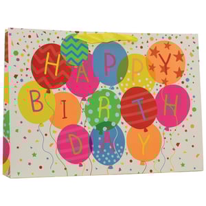 Make every gift extra special with our vibrant Extra Large Balloons Shopper Bag! This eye-catching gift bag features a delightful array of colourful balloons, playfully spelling out 'HAPPY BIRTHDAY' in bold, cheerful letters. Adorned with fun patterns like stripes, dots, and stars, and finished with a bright yellow ribbon handle, it's the perfect way to present those generous birthday surprises.

The extra-large size ensures there's plenty of room for even the biggest presents. Stock up on these festive bags and bring a burst of joy to your customers' celebrations. Supplied by Partisan Products Ltd, these high-quality bags are available in a convenient pack of 6.