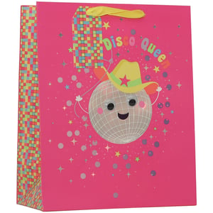 Make every gift a celebration with our fabulous Large Disco Queen Gift Bag! This eye-catching pink bag features a super cute disco ball character, complete with playful googly eyes and a snazzy cowboy hat. The "Disco Queen" lettering pops with colour, surrounded by shimmering stars and confetti for an extra touch of sparkle. Its vibrant pixelated side panels and bright yellow ribbon handles add to the fun. Perfect for birthdays, parties, or any occasion needing a dose of disco magic! Available in a convenient pack of 6 from Partisan Products Ltd.