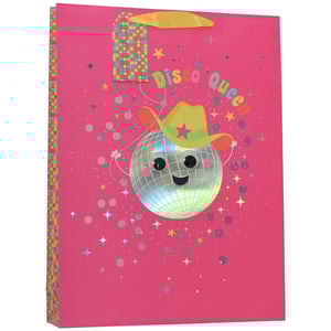 Get ready to party with our Extra Large Disco Queen Gift Bag! This vibrant fuchsia bag is sure to make any gift stand out. Featuring a super cute disco ball character, complete with playful googly eyes and a stylish yellow cowboy hat, it's packed with personality. The colourful "Disco Queen" text and shimmering holographic stars and confetti add extra sparkle and fun.

Perfect for birthdays, hen parties, or any celebration that calls for a touch of disco glam. Its extra-large size means it's ideal for bigger presents. Supplied by Partisan Products Ltd in a convenient pack of 6, this eye-catching gift bag is a must-have for retailers looking to offer exciting and memorable gift packaging.
