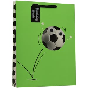 Kick off celebrations with our fantastic Extra Large Football Gift Bag! This vibrant lime green bag is sure to delight any football enthusiast, featuring a playful bouncing football complete with charming googly eyes. The attached 'Birthday Goals' tag makes it perfect for those special occasions, while the stylish hexagonal pattern on the side adds an extra touch of sporty flair. Its generous extra-large size ensures there's plenty of room for even the most exciting gifts. Supplied by Partisan Products Ltd., these eye-catching bags come in a convenient pack of 6, making them an excellent addition to your retail collection. A winning choice for any gift-giving moment!