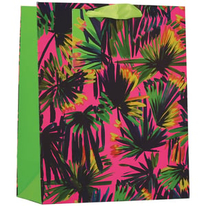 Bring a burst of tropical fun to your gifts with our Large Palm Gift Bag! This eye-catching bag features a vibrant hot pink background, beautifully contrasted with bold, painterly palm leaves in shades of green, black, yellow, and orange. The lively design is perfectly complemented by bright lime green ribbon handles and matching side panels, ensuring your present stands out. It's the perfect choice for birthdays, summer celebrations, or any occasion that calls for a splash of exotic charm. Each bag is designed to make gifting extra special. Available in a pack of 6.