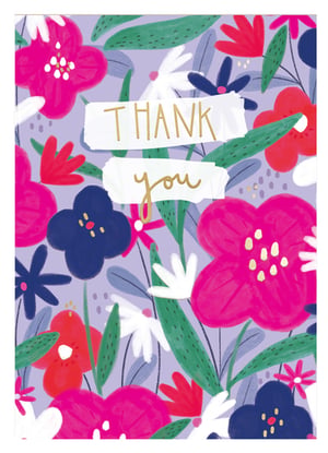 Express your gratitude with our vibrant 'Thank You' card, a delightful way to show appreciation. From Second Nature, this eye-catching design features a joyful burst of colourful flowers in shades of fuchsia, deep blue, and red, set against a soft lavender background. Lush green leaves and delicate white blooms complete the charming, hand-painted aesthetic.

The heartfelt 'THANK you' message shines in elegant gold lettering, beautifully presented on textured white strips, adding a touch of sophistication. Perfect for any occasion where a sincere thank you is due, this card is sure to bring a smile. Stock up your shelves with this popular design, available in a convenient pack of 6.