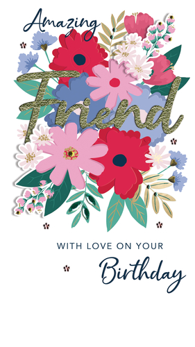 Celebrate those special friendships with our 'Amazing Friend' Birthday Card from Second Nature. This delightful card features a vibrant, layered floral design, bursting with beautiful blooms in shades of red, pink, blue, and white, complemented by lush green foliage.
The heartfelt message 'Amazing Friend' stands out in a charming, glitter-effect gold font, making it truly eye-catching. Below, the warm sentiment 'WITH LOVE ON YOUR Birthday' completes this thoughtful design. Perfect for showing appreciation to a wonderful female friend, this card offers a touch of elegance and joy.
Available in convenient packs of three, it’s an ideal addition to any greeting card selection, ready to bring a smile to someone's special day.