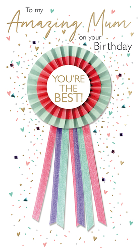Show your amazing Mum just how much she means to you on her special day with this delightful birthday card! Featuring a vibrant rosette design, complete with colourful ribbons in shades of pink, purple, and mint, it proudly declares 'YOU'RE THE BEST!'. The charming confetti background, sprinkled with tiny hearts and stars, adds a wonderfully festive touch. With its heartfelt message, 'To my Amazing Mum on your Birthday', this card is the perfect way to celebrate the woman who truly deserves an award. Make her smile with this lovely card, designed to make her feel extra special.