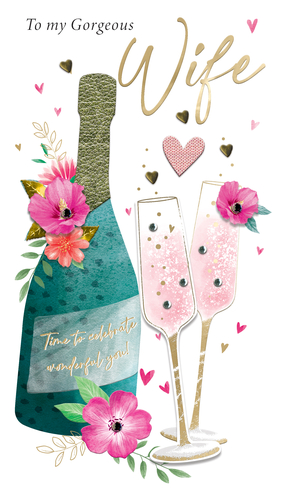 Show your gorgeous wife just how much she means to you with this stunning greeting card from Second Nature. This beautifully designed card features a chic teal champagne bottle with a textured gold top, surrounded by vibrant pink and coral flowers and lush foliage. Two elegant flutes, brimming with sparkling pink bubbly and delicate embellishments, complete the celebratory scene. Adorned with charming hearts and the heartfelt message "Time to celebrate wonderful you!", this card is the perfect way to make her feel cherished. Supplied in a convenient pack of 3.