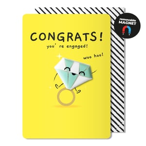 Celebrate happy news with this wonderfully vibrant 'Congrats! You're Engaged!' card from Second Nature. Designed to bring a smile, this cheerful card features a bright yellow background and playful, hand-drawn style text. The star of the show is the adorable engagement ring illustration, complete with a cute, characterful diamond. What makes this card truly special is the removable magnet, allowing the happy couple to keep a delightful memento of their big news. Perfect for retailers looking to offer something unique and memorable, this card is sure to be a hit. Supplied in a convenient pack of 6, it's ready to brighten up your shelves and help customers share their joy. A truly charming way to say 'woo hoo!' to newly engaged friends and family.