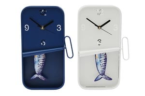 Add a splash of quirky charm to any home with our delightful Sardine Wall Clocks! These unique timepieces are cleverly designed to look just like a classic sardine tin, complete with a playful sardine tail peeking out from beneath the 'peeled back' lid.

Measuring 18.5cm x 30cm, they are the perfect size to make a statement without overwhelming a space. Available in two stylish colours – crisp white and deep blue – these clocks are ideal for kitchens, bathrooms, or any room needing a touch of nautical fun. A fantastic gift idea for seafood lovers or anyone who appreciates a truly distinctive home accessory.