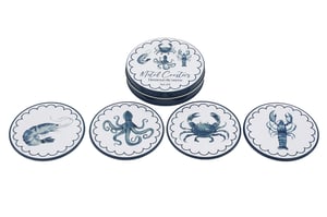 Introduce a splash of coastal charm to any home with this delightful Set Of 4 Sealife Coasters from Sifcon International PLC. Each round metal coaster showcases a unique, beautifully illustrated sea creature – a graceful shrimp, a curious octopus, a sturdy crab, and a majestic lobster – rendered in a classic blue and white watercolour style. The elegant scalloped edges add a refined touch. Designed for both style and practicality, these coasters are perfect for protecting surfaces while adding a decorative flair. They come complete with a matching metal storage tin, ensuring they stay tidy and making them an ideal gift for lovers of marine life or nautical decor.