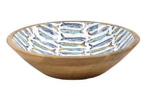 Bring a splash of coastal charm to any kitchen or dining table with our delightful 30cm Sardines Enamelled Wooden Bowl. Crafted from beautiful wood and featuring a vibrant, hand-painted style sardine design on its enamelled interior, this bowl is a true statement piece. Perfect for serving salads, fruits, or simply as a decorative accent, its unique pattern of blue and yellow fish against a crisp white background will instantly brighten any space. A fantastic addition for retailers looking to offer customers something truly special and stylish. Sold individually, it's ready to make a big impression.