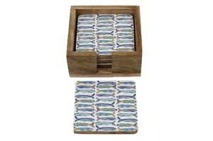 Bring a splash of seaside charm to any home with our delightful Set of 4 Sardines Enamel Coasters. Each coaster features a vibrant, hand-drawn style sardine pattern, perfect for adding a touch of coastal elegance to any table setting.

Crafted from durable enamel, these charming coasters ensure your surfaces are protected in style. The set comes neatly housed in a rustic wooden holder, keeping them tidy and accessible when not in use. Ideal for kitchens, dining rooms, or as a thoughtful gift, these unique coasters are sure to be a conversation starter and a fantastic addition to any homeware collection.