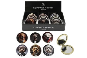 Introduce a touch of canine charm to your retail offering with our delightful 6cm Dog Compact Mirrors! Perfect for dog lovers and fashionistas alike, these stylish compacts feature an array of beautifully illustrated dog breeds, each dressed in dapper attire. From sophisticated Dalmatians to charming Yorkshire Terriers, there's a beloved breed for every customer.
Each compact mirror boasts a convenient 6cm size, ideal for handbags and travel, and opens to reveal two mirrors for on-the-go touch-ups. Presented in a handy display box, these mirrors are sold in a wholesale pack of 12, making them an excellent impulse buy or gift item. Stock up on these popular accessories from Sifcon International PLC and watch them fly off the shelves!