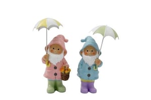 Brighten up any space with this delightful pair of 27cm Gnomes Holding Umbrellas from Sifcon International PLC. These charming garden gnomes are ready for any weather, each sporting a colourful raincoat and a matching umbrella.
The pink gnome, complete with a yellow and white umbrella and a basket of tiny mushrooms, is perfectly complemented by its blue counterpart, who carries a cheerful green and white umbrella. Both feature sweet, rosy-cheeked faces and flowing white beards, bringing a touch of whimsy and joy wherever they're placed.
Ideal for adding character to gardens, patios, or even indoor displays, these adorable gnomes are sold as a convenient pack of two, ensuring your customers can enjoy a complete, heartwarming scene. A truly lovely addition to any home or garden collection!