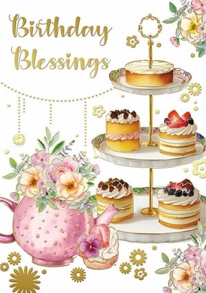 Offer your customers a touch of elegance and heartfelt sentiment with our 'Open Religious' Birthday Blessings card. This exquisite design features a charming tea party scene, complete with a tiered cake stand showcasing delectable mini cakes and a beautiful pink teapot brimming with delicate floral arrangements. The golden 'Birthday Blessings' script adds a warm, spiritual touch, making it perfect for conveying sincere good wishes. With its intricate details and soft, inviting colours, this card from Xpress Yourself is sure to stand out. Supplied in a convenient pack of 12, it's an ideal choice for any discerning retailer.