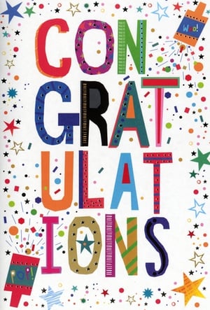 A congratulations card with fireworks and stars is on a white background.