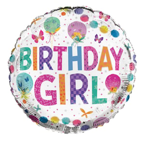 A birthday girl balloon with balloons and stars on it.
