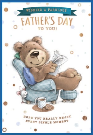 Make Father's Day extra special with this delightful card from Simon Elvin! Featuring a charming teddy bear enjoying a moment of pure relaxation, nestled in his armchair with a newspaper, a hot drink, and a tasty cookie. A sweet little mouse peeks out from behind, adding to the adorable scene.
This 'Open Fathers Day' card beautifully conveys warm wishes with the message "WISHING A FABULOUS FATHER'S DAY TO YOU!" and "HOPE YOU REALLY ENJOY EVERY SINGLE MOMENT." With its comforting colours and heartwarming illustration, it's the perfect way to show appreciation. Available in a convenient pack of 6, it's an ideal choice for retailers looking to offer a truly lovely card for their customers.