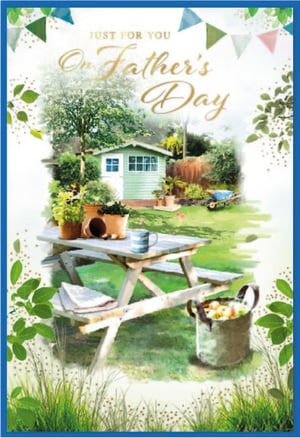 Bring the charm of a peaceful garden to your Father's Day card selection with this exquisite design from Simon Elvin. Our 'Open Fathers Day' card features a truly delightful scene, showcasing a tranquil garden complete with a quaint shed, lush greenery, and an inviting picnic table set for relaxation.
The elegant gold script wishing "Just For You On Father's Day" adds a touch of warmth and sophistication. It's the perfect choice for customers seeking a thoughtful card for any dad who loves to unwind amidst nature. Supplied in a convenient pack of 6, these beautiful cards are ready to brighten any Father's Day celebration.