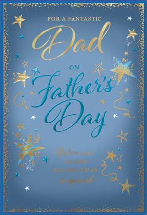 Celebrate Father's Day with this fantastic card from Simon Elvin. This beautiful design features a rich blue background, elegantly decorated with shimmering gold and teal stars and delicate glitter accents. The prominent message, "FOR A FANTASTIC Dad ON Father's Day," is presented in stylish gold and teal script, conveying warmth and appreciation. A heartfelt sentiment, "WITH LOTS OF LOVE BECAUSE YOU'RE so special," completes the design. This card is perfect for customers looking to show their dad how much he means to them. Available in a convenient pack size of 1x6, these "Dad" cards are a wonderful addition to your Father's Day greeting card selection.