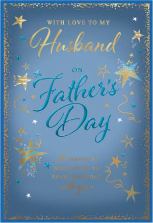 Show your appreciation for a wonderful husband this Father's Day with this stunning card from Simon Elvin. Adorned with a sophisticated blue background, it features elegant gold and shimmering teal lettering, beautifully complemented by a scattering of sparkling stars and delicate swirls.
The heartfelt message, "With love to my Husband on Father's Day, it means so much to me to share each day with you," conveys deep affection. This premium card is perfect for retailers looking to offer a truly special option for customers celebrating their partners. Available in a convenient pack of 6.