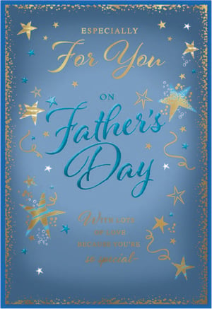 Make Father's Day extra special with this elegant greeting card. Set against a sophisticated blue background, it features a stunning array of shimmering gold and sparkling teal stars, creating a truly eye-catching design. The heartfelt message "Especially For You" and "With Lots of Love Because You're So Special" is beautifully rendered in elegant gold script, while "Father's Day" stands out in a vibrant, embossed teal. This card is perfect for showing a special dad just how much he means to you. Available in a convenient pack of 6, it’s an ideal choice for your retail offering this Father's Day.