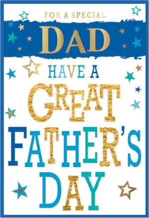 Help your customers celebrate Father's Day with this eye-catching card from Simon Elvin. Designed specifically for 'A SPECIAL DAD', it features a vibrant mix of blues and a striking gold, glitter-effect text that wishes them to 'HAVE A GREAT FATHER'S DAY'. Adorned with charming stars, this card conveys a warm and appreciative message with a contemporary feel. Ideal for retailers, each order includes a pack of 6 cards, ensuring you're well-stocked for the occasion. A thoughtful choice for any dad.