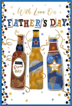 Celebrate Father's Day with love and cheer using our 'Open Fathers Day' card! This vibrant design features three eye-catching beer bottles, surrounded by festive confetti and stars. Each bottle carries a special message, from 'Have a Great Day' to 'CELEBRATIONS' and 'Cheers TO YOU'. It's a wonderfully spirited way to show your appreciation and make Dad's day truly memorable. Perfect for any father, this card is sure to bring a smile.