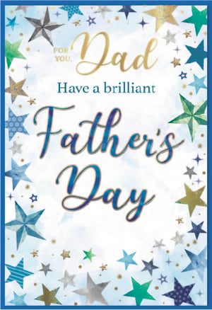 Celebrate Father's Day in style with this wonderful greeting card from Simon Elvin. Designed especially for Dad, this card features a captivating border of shimmering stars in a delightful mix of blues, greens, greys, and golds, set against a soft, cloud-like background. The elegant gold script for 'Dad' and the vibrant blue 'Father's Day' message truly stand out, wishing him a 'brilliant' day. Perfect for showing appreciation, this eye-catching design is sure to make any dad feel special. Available in a convenient wholesale pack of 6, it's an ideal addition to your seasonal card selection.
