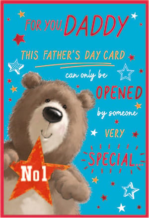 Make Father's Day unforgettable with this charming 'Daddy' card from Simon Elvin. Designed to bring a smile, this card features an irresistibly cute bear proudly holding a 'No1' star, making it clear who's the best! The bright blue background, adorned with playful stars, frames the heartfelt message: "FOR YOU, DADDY, THIS FATHER'S DAY CARD can only be OPENED by someone VERY SPECIAL..." It's the perfect way for children to express their love and appreciation. Stock up with this popular design, available in a handy pack of 6, ensuring your customers can find the ideal card to celebrate their number one Dad.