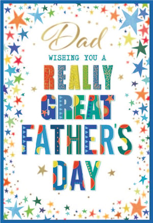 Make Dad's day extra special with this vibrant Father's Day card from Simon Elvin. Featuring a cheerful design bursting with colourful stars and a bold, patterned 'REALLY GREAT FATHER'S DAY' message, it's sure to bring a smile to any dad's face. The elegant 'Dad' in gold script adds a touch of sophistication, while the playful mix of colours and patterns makes it truly stand out. Perfect for showing appreciation, this card is a fantastic addition to your Father's Day collection. Available in a convenient pack of 6, ensuring your shelves are well-stocked for the occasion.