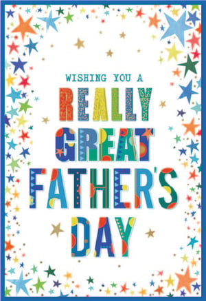 Brighten up your Father's Day card selection with this vibrant design from Simon Elvin. Our 'Open Fathers Day' card features a cheerful message, "WISHING YOU A REALLY GREAT FATHER'S DAY," presented in a fun, multi-coloured, patterned font that truly stands out.
The playful text is surrounded by a delightful scattering of colourful stars in various sizes and hues, adding a celebratory touch to the crisp white background. A smart blue border frames the design, completing this eye-catching card. Perfect for any dad, this card is sure to bring a smile. Available in a convenient pack of 6, it's an excellent choice for your retail offering.