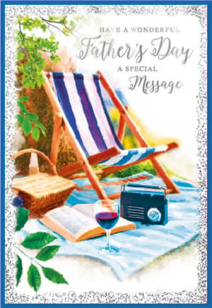 Offer your customers a delightful way to celebrate Father's Day with this charming card from Simon Elvin. The design captures a peaceful outdoor scene, perfect for a dad who enjoys relaxation. It features a classic striped deckchair, a picnic blanket, an open book, a glass of red wine, and a vintage-style radio, all set amidst lush greenery. The card's sentiment, 'HAVE A WONDERFUL Father's Day A SPECIAL Message', is beautifully presented with a sparkling blue border. This 'Open Father's Day' card is a thoughtful choice for anyone looking to send warm wishes. Available in a convenient pack of 1x6, it's a lovely addition to your seasonal greeting card selection.