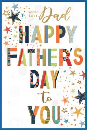 Make Father's Day extra special with our delightful 'Dad' greeting card from Simon Elvin. This eye-catching design features "HAPPY FATHER'S DAY to YOU" in a lively array of patterned, multi-coloured block letters, creating a truly festive feel. Elegant gold script spells out "With Love, Dad" at the top, adding a personal touch. The card is beautifully adorned with a scattering of colourful stars, making it a wonderfully cheerful way to celebrate. Perfect for showing appreciation, this card is sure to stand out. Stock up with our convenient pack of 6, an ideal choice for your Father's Day card display.