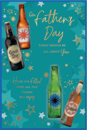 Help your customers celebrate Father's Day with this cheerful card from Simon Elvin. The "Open Father's Day" design features an array of colourful beer bottles, some with labels like "Great Day" and "Celebrate," set against a lively teal background adorned with sparkling stars. The warm message inside reads: "On Father's Day, TODAY SHOULD BE ALL ABOUT You. HOPE IT'S filled WITH ALL THE THINGS YOU enjoy." This card conveys a relaxed and appreciative sentiment, ideal for showing dad how much he's valued. Supplied in a handy pack of 6, it's a great addition to your seasonal greeting card selection.