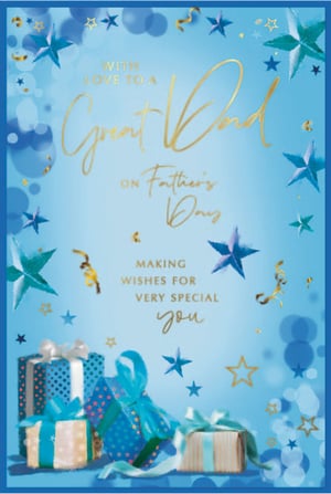 Celebrate Father's Day in style with this beautiful card from Simon Elvin! Designed with love for a 'Great Dad', this card features a stunning blue palette adorned with shimmering stars and elegant gold script. The thoughtful message, 'Making wishes for very special you', adds a heartfelt touch, while the festive gift illustrations at the bottom complete the celebratory feel. Perfect for showing appreciation, this card is sure to make any dad feel cherished. Available in a convenient pack of 6, it's an ideal addition to your greeting card selection for this special occasion.