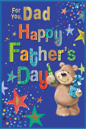 Celebrate Father's Day with this wonderfully vibrant card from Simon Elvin! It's the perfect way to show appreciation to dads everywhere. The design features bold, colourful lettering spelling out "Happy Father's Day," with "Dad" highlighted in shimmering gold for a special touch. A lovable bear, complete with cool sunglasses, holds a refreshing drink and two thoughtful gifts, adding a touch of fun and warmth. The deep blue background is adorned with a playful scattering of stars and confetti, making this card truly stand out. Available in a convenient pack of 6, ensure your customers find the perfect card for their amazing dads.