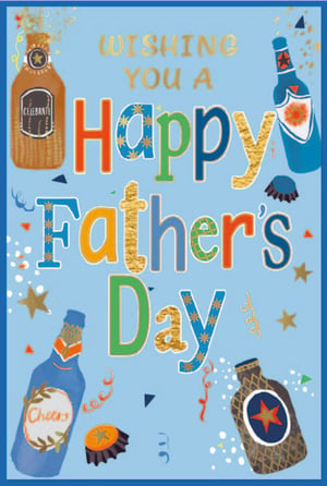 Celebrate Father's Day with this vibrant "Open Fathers Day" card from Simon Elvin. Featuring a cheerful light blue background, the bold message "WISHING YOU A Happy Father's Day" stands out in a mix of gold, orange, blue, and green lettering, some with fun patterns. The design is adorned with playful illustrations of various drink bottles, bottle caps, and a scattering of confetti and stars, creating a truly festive feel. Perfect for any dad who enjoys a good celebration, this card is sure to bring a smile. Available in a convenient pack size of 1x6, it's an excellent addition to your greeting card selection for the special occasion.