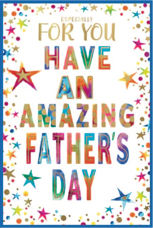 Make Father's Day truly special with this vibrant 'Open Fathers Day' card from Simon Elvin. Designed to capture attention, this card features a lively white background adorned with a playful scattering of colourful stars and confetti, all framed by a smart blue border.
The central message, "ESPECIALLY FOR YOU HAVE AN AMAZING FATHER'S DAY," stands out beautifully. The main text boasts a stunning, multi-coloured, patterned fill that adds a touch of artistic flair and celebration. Its 'Open' design makes it a versatile choice for any customer looking to send warm wishes to a father figure.
Supplied in a convenient pack of 1x6, these cards are perfect for stocking up your shelves and ensuring you have a delightful option for every shopper this Father's Day.