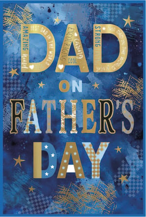 Help your customers celebrate the amazing dads in their lives with this vibrant Father's Day card from Simon Elvin. Adorned with a stylish blue and gold design, the word 'DAD' is beautifully highlighted with heartfelt sentiments like 'BEST DAD IN THE WORLD', 'AMAZING', 'STRONG', 'CARING', 'ENCOURAGING', and 'COOL'. The eye-catching starry and textured background adds a touch of sophistication, making it the perfect choice to show appreciation. Stock up on this popular design, available in a convenient pack of 6, and ensure your shelves are ready for Father's Day.