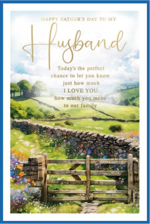 Show your Husband just how much he means to your family this Father's Day with this beautiful card. Featuring a serene watercolour landscape, the design captures the tranquility of rolling green hills, a charming stone wall, and a rustic wooden gate adorned with vibrant wildflowers. The heartfelt message inside reads: "HAPPY FATHER'S DAY TO MY Husband. Today's the perfect chance to let you know just how much I LOVE YOU... how much you mean to our family." This thoughtful card, from trusted supplier Simon Elvin, is perfect for expressing deep love and appreciation. Available in a convenient pack of 6, ensuring you're well-prepared for the occasion.