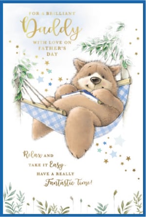 Make Father's Day truly special for all the brilliant Daddies with this adorable card from Simon Elvin. Featuring a charming, fluffy bear relaxing peacefully in a hammock with a good book, it perfectly captures the spirit of a relaxing day. The sweet message, "Relax AND TAKE IT Easy. HAVE A REALLY Fantastic Time!", is sure to bring a smile to any dad's face. Adorned with lovely foliage and sparkling stars, this card is designed with love and care. Each pack contains 6 cards, making it a wonderful addition to your Father's Day collection. Help your customers celebrate their Daddies in style with this delightful design.