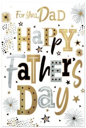 Celebrate Dad in style this Father's Day with this striking card from Simon Elvin. Featuring a contemporary design with elegant gold and silver accents, this card truly stands out. The bold 'Happy Father's Day' message is beautifully complemented by festive stars, dots, and shimmering bursts, making it the perfect way to show appreciation. Crafted with care, it offers a premium feel that Dads will love. Stock up your shelves with this popular design, available in a convenient pack of 6. A fantastic choice for your Father's Day collection!