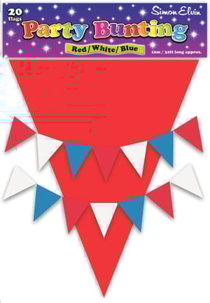 Add a splash of patriotic cheer to any celebration with our vibrant Red, White & Blue Bunting from Simon Elvin! This classic party decoration features 20 eye-catching flags in a timeless red, white, and blue colour scheme, perfect for national holidays, sporting events, garden parties, or any festive occasion.

Each single pack provides an impressive 10 metres (approximately 32 feet) of bunting, offering ample length to transform any space. Easy to hang and instantly creating a joyful atmosphere, this durable bunting is a fantastic addition to your retail offering, ensuring your customers are ready for any event. Brighten up every celebration with this essential and versatile decoration!