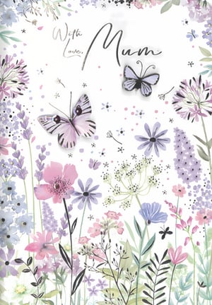 Celebrate Mum with this exquisite greeting card, a delightful offering from Simon Elvin. Adorned with a charming watercolour illustration, it features a vibrant array of delicate flowers in soft purples, pinks, and blues, creating a truly enchanting scene. Beautifully detailed butterflies, some with a lovely 3D effect, flutter amongst the blooms. The elegant script 'With Love, Mum' adds a heartfelt touch, making it perfect for Mother's Day, birthdays, or simply to show appreciation. This thoughtful card is supplied in a convenient pack of 6, ready to bring joy to your customers. A truly special way to say 'I love you'.