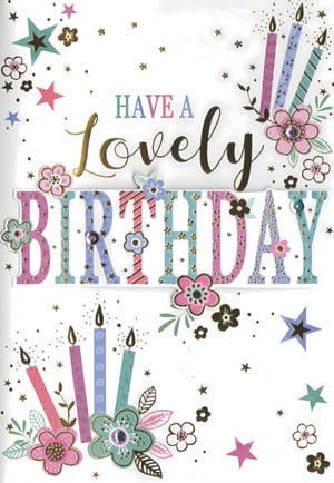 Brighten someone's special day with this enchanting Open Birthday card from Simon Elvin. Designed with a delightful mix of soft pastels and shimmering gold accents, this card is sure to bring a smile. It features charming illustrations of birthday candles, sparkling stars, and pretty floral embellishments, creating a truly celebratory feel. The elegant script of 'Have a Lovely Birthday' is complemented by playful patterned block letters, adding a touch of modern charm. Perfect for sending warm wishes to any female recipient, this card offers a beautiful way to mark the occasion. Available in a convenient pack of 6, it's an ideal addition to your greeting card selection.