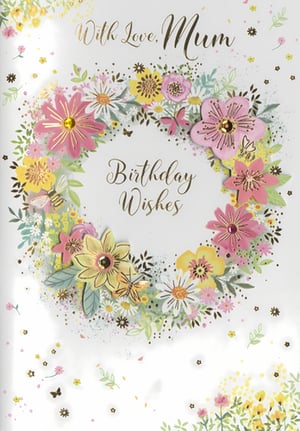 Celebrate Mum's special day with this exquisite birthday card from Simon Elvin. This delightful design features a vibrant floral wreath, bursting with cheerful pinks, sunny yellows, and crisp white blossoms, all beautifully accented with shimmering gold details.
Delicate butterflies and busy bees are nestled amongst the foliage, adding a charming touch. Many of the flowers boast lovely 3D layers and sparkling gem centres, creating a truly special feel. The heartfelt messages, "With Love, Mum" and "Birthday Wishes," are elegantly presented, making this card a wonderful way to convey affection. It's the perfect choice to show Mum just how much she means to you. Available in a convenient pack of 6.