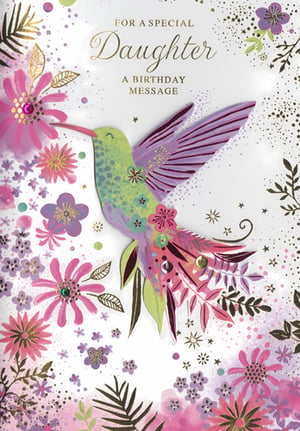 Celebrate a special daughter's birthday with this beautiful card from Simon Elvin. This design showcases a charming, layered hummingbird, surrounded by a delightful array of flowers in pinks, purples, and greens. Subtle glitter accents, small gems, and intricate details enhance its appeal, creating a truly lovely card for a cherished daughter. The elegant text reads "For a Special Daughter, A Birthday Message." Available in a practical 1x6 pack size, this card is a wonderful addition to your greeting card selection, ready to delight your customers looking for that perfect birthday sentiment.